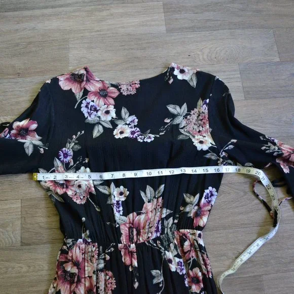 Black Wrap Floral Coldshoulder Bellsleeve Maxi Dress Side Slit Women Size Small - Picture 11 of 11